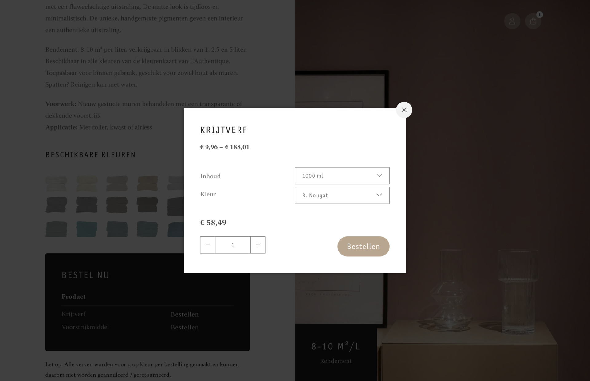 Een pop-upvenster voor het bestellen van L'Authentique krijtverf, met productdetails en een knop "Bestellen" op een donkere achtergrond.