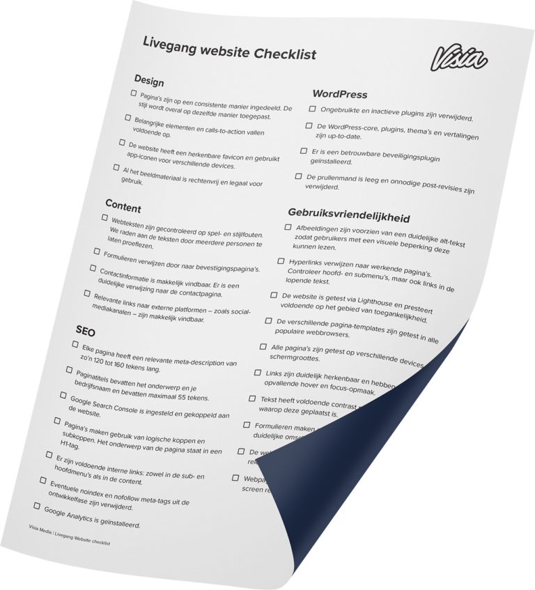 Een lichtjes gekruld stuk papier met de titel "Livegang Website Checklist" bevat verschillende secties en biedt een uitgebreid overzicht om ervoor te zorgen dat alles klaar is voor lancering.