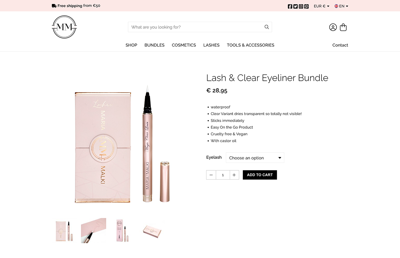 Ontdek de Maria Malki Cosmetics Lash & Clear Eyeliner-bundel voor slechts € 28,95. Met een strak eyelinerdoosje en een open pen is dit alles wat je nodig hebt om je look te verbeteren. Klik nu op "Toevoegen aan winkelwagen"!