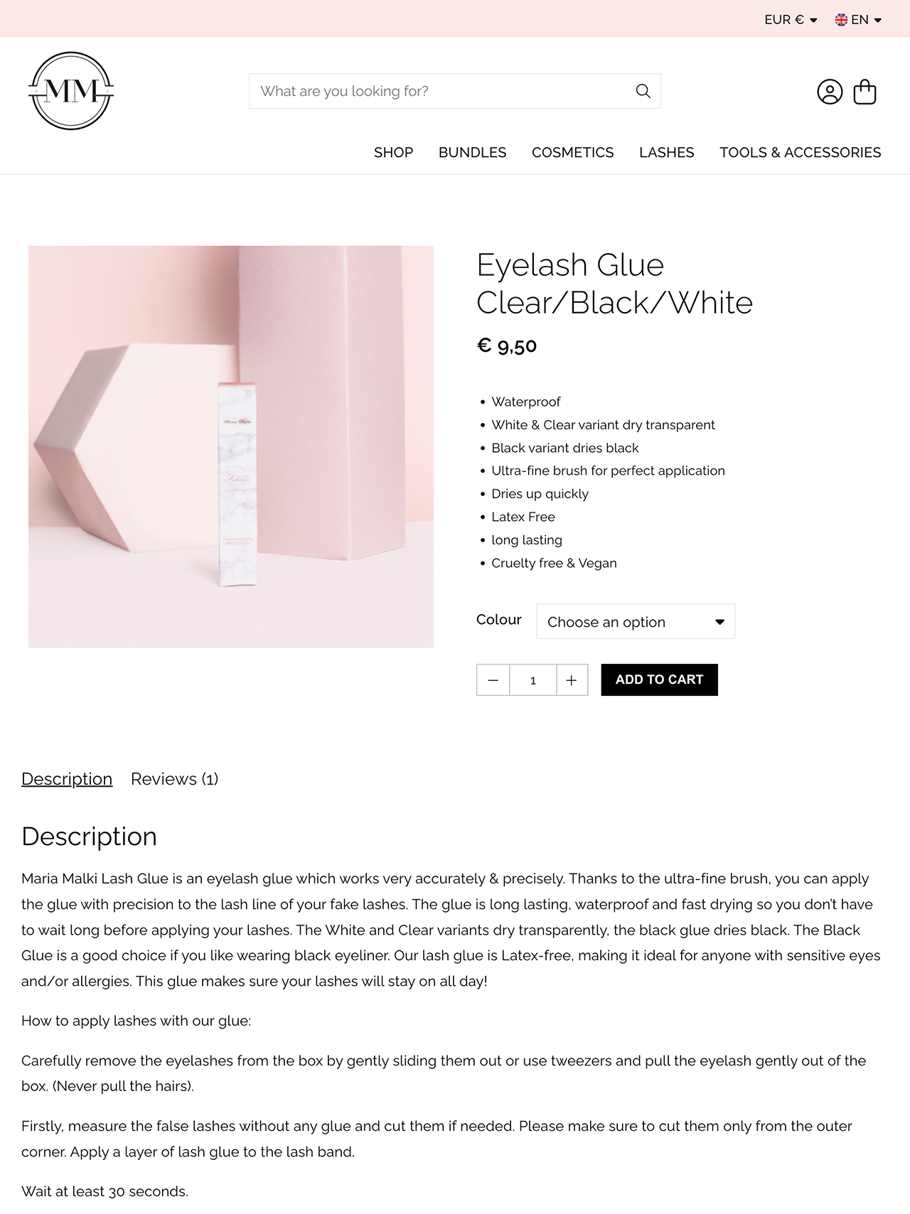 Productpagina met "Maria Malik Eyelash Glue" van Maria Malki Cosmetics, met een gedetailleerde beschrijving en een selectie van verschillende kleuren.