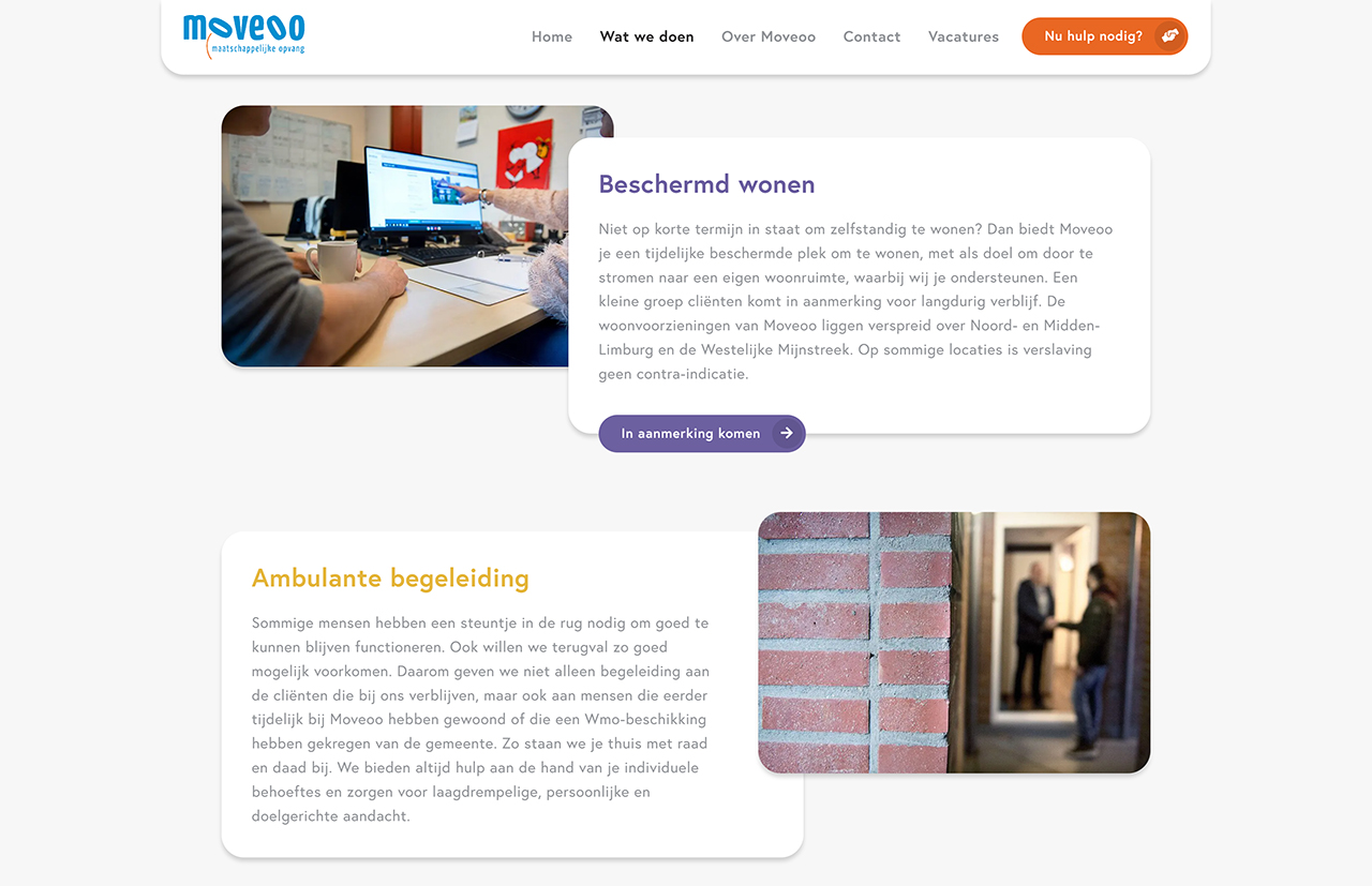 Screenshot van de website van Moveoo met diensten als 'Beschermd wonen' en 'Ambulante begeleiding', compleet met informatieve tekst en afbeeldingen.