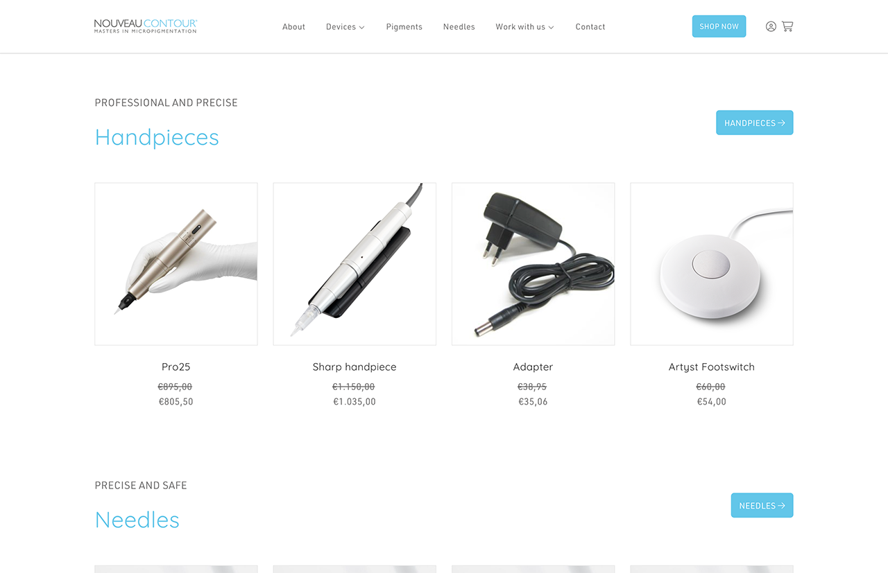 Een webpagina met Nouveau Contour-handstukken, een adapter en een Angul-voetschakelaar, met prijzen en korte beschrijvingen voor elk item.