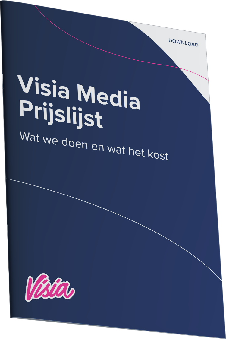 Folderomslag met de tekst "Visia Media Prijslijst" en "Wat we doen en wat het kost" in het Nederlands, samen met het kenmerkende "Visia"-logo.