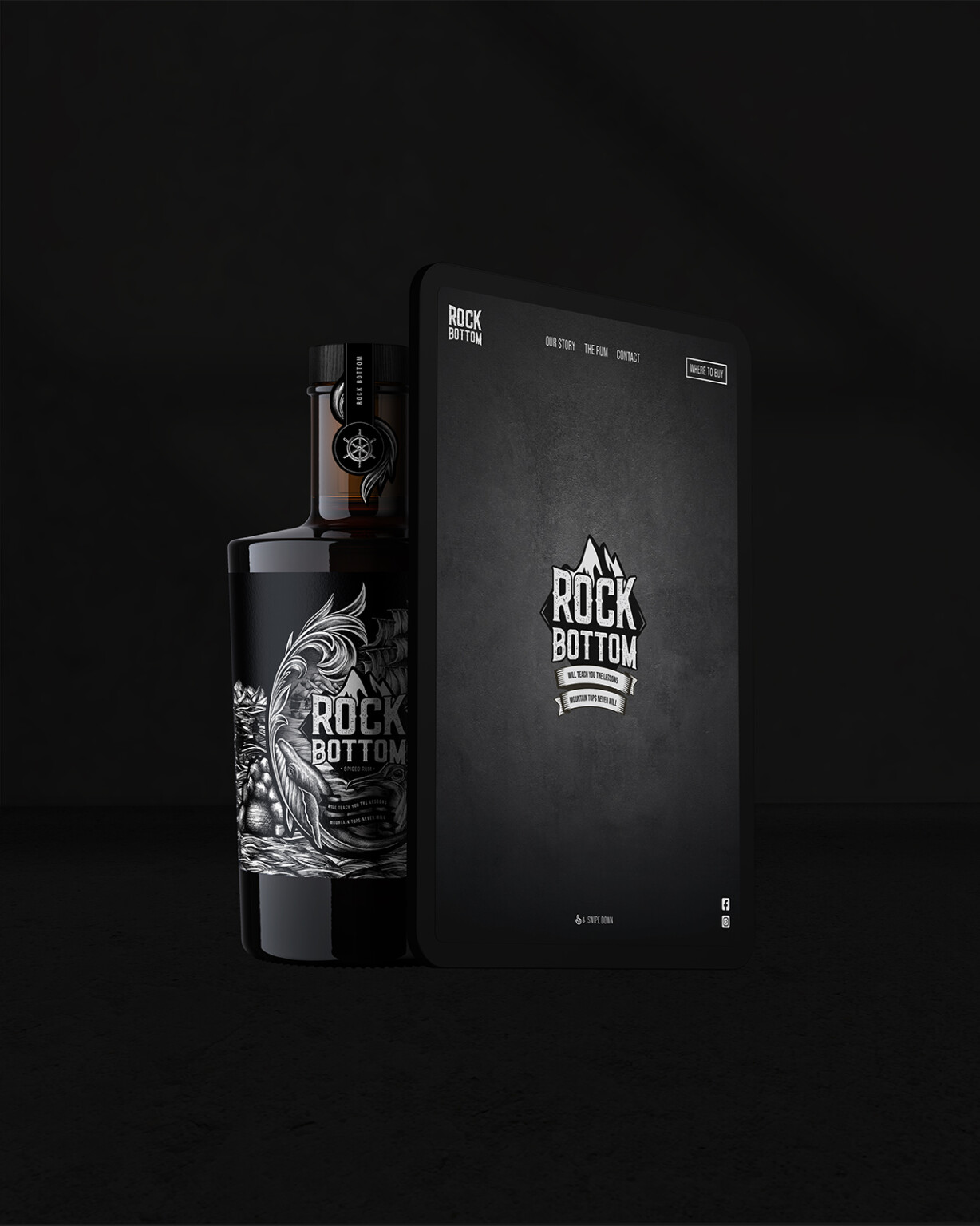 Een fles met een donker thema en een rechthoekige doos naast elkaar, beide met het opschrift "Rock Bottom Spirits" met ingewikkelde ontwerpen.