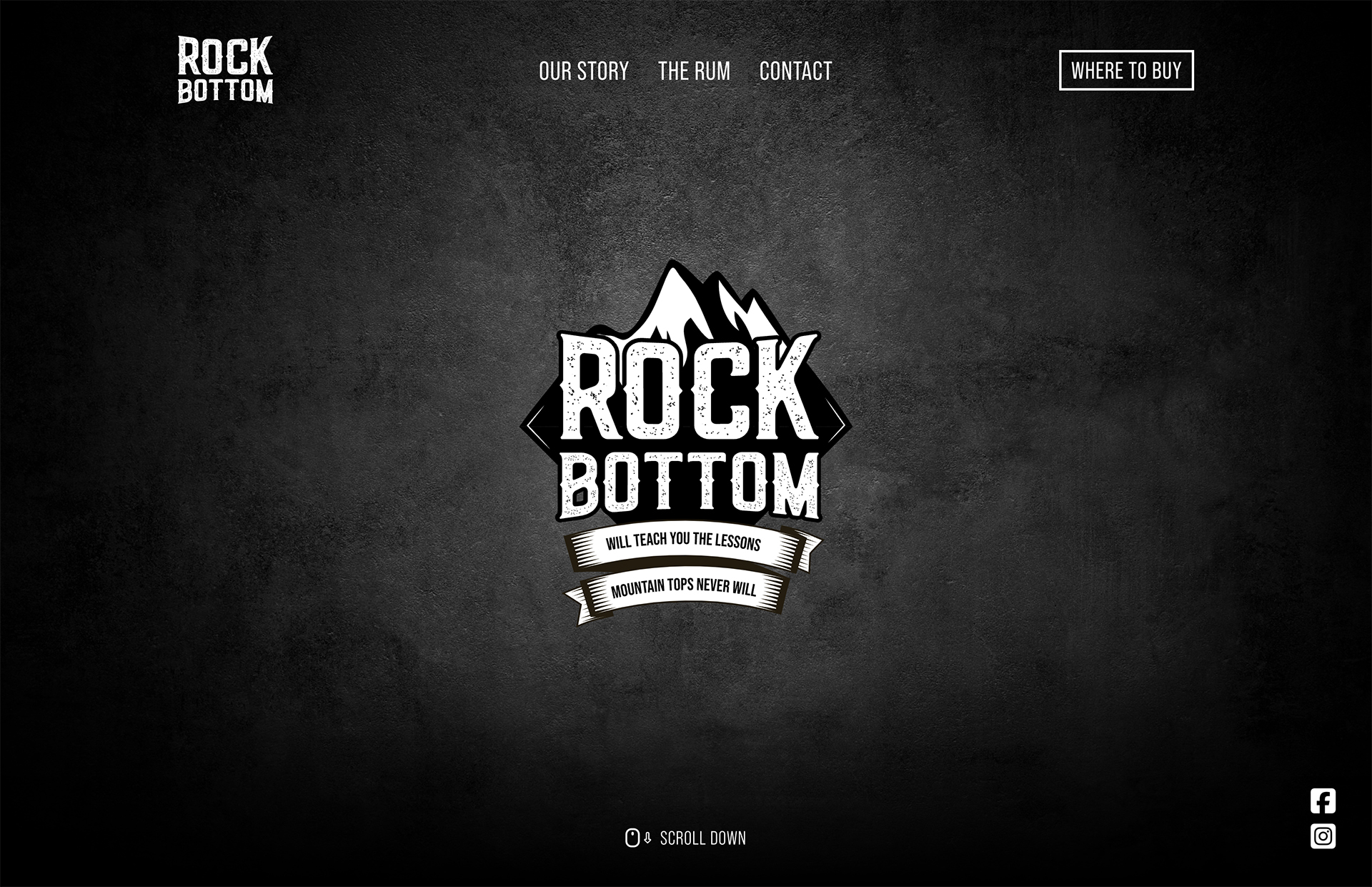De Black Rock Bottom-webpagina met een berglogo, een navigatiemenu bovenaan en sociale-mediapictogrammen onderaan belichaamt de avontuurlijke geest van ontdekkingsreizigers en liefhebbers van het buitenleven.