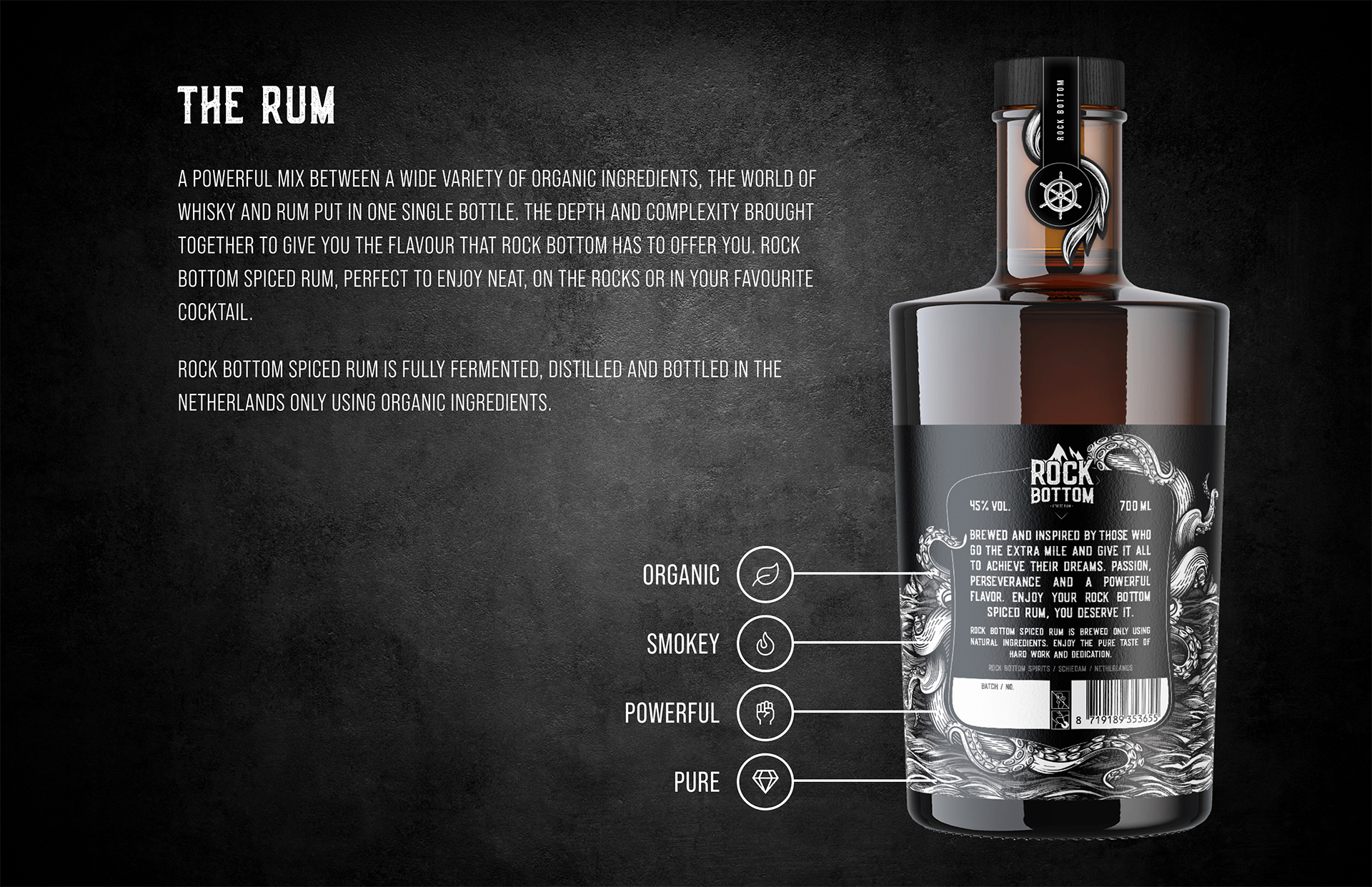 Een fles Rock Bottom Spiced Rum van Rock Bottom Spirits, met een gedetailleerde productbeschrijving en kenmerken op een donkere achtergrond.