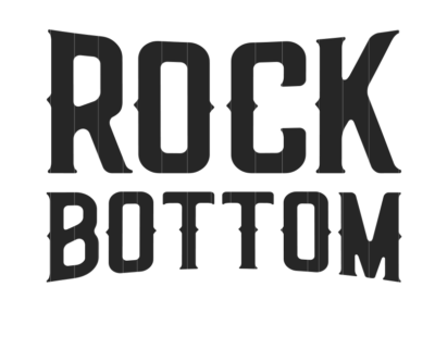 De tekst "ROCK BOTTOM SPIRITS" wordt weergegeven in grote, vetgedrukte en enigszins vervormde letters met verticale witte lijnen eroverheen.