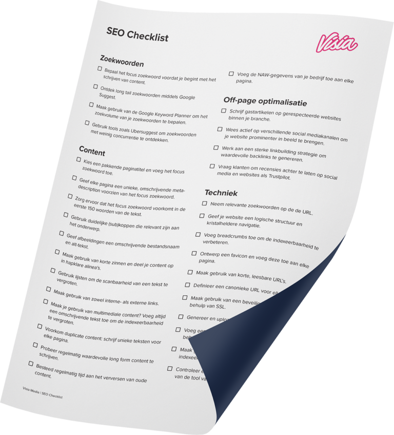 Downloaden het SEO-checklistdocument in het Engels, met secties over trefwoorden, inhoud, off-page optimalisatie en technische aspecten.