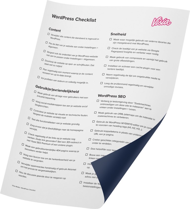 Nederlandse WordPress checklist op gekruld papier, met inhoud, snelheid, gebruiksvriendelijkheid en SEO, te downloaden met een Visa-logo.
