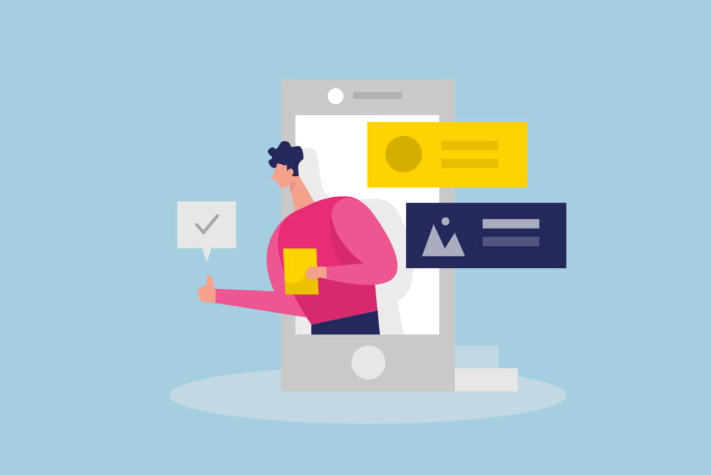 Illustratie van een persoon die uit een smartphone komt en interactie heeft met meldingen en berichten op sociale media, waarbij het belang wordt getoond van het mobielvriendelijk maken van uw website.