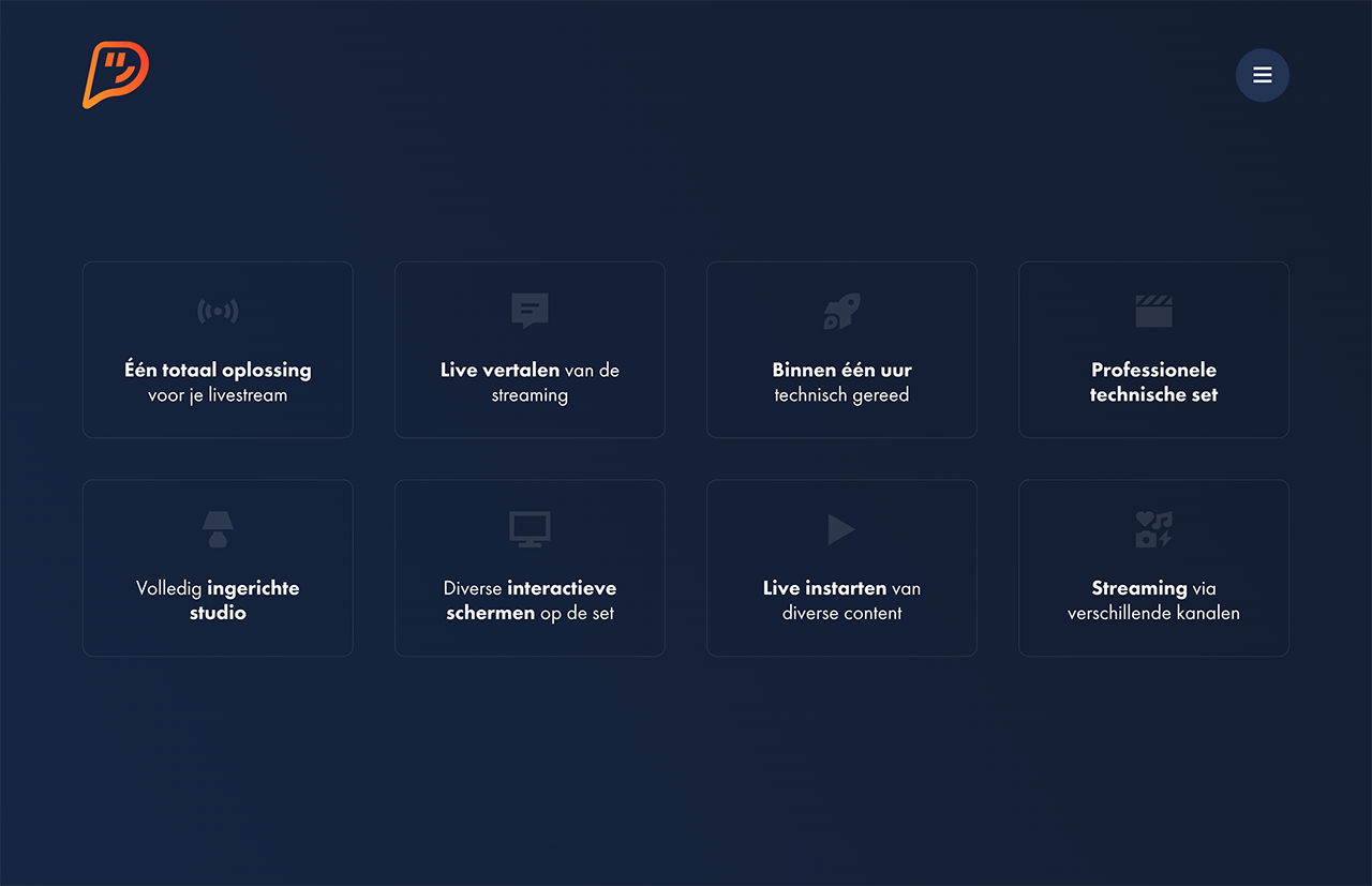 Een donkerblauwe interface met acht serviceopties voor livestreaming en technische opstellingen, verzorgd door De Plaatjesmakers, geschreven in het Nederlands.
