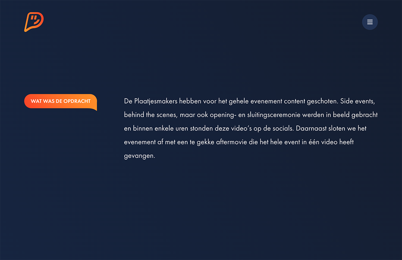 Een donkere webpagina in het Nederlands, wanneer de inhoud van evenementen wordt weergegeven door De Plaatjesmakers, met een oranje knop wanneer staat "WAT WAS DE OPDRACHT".