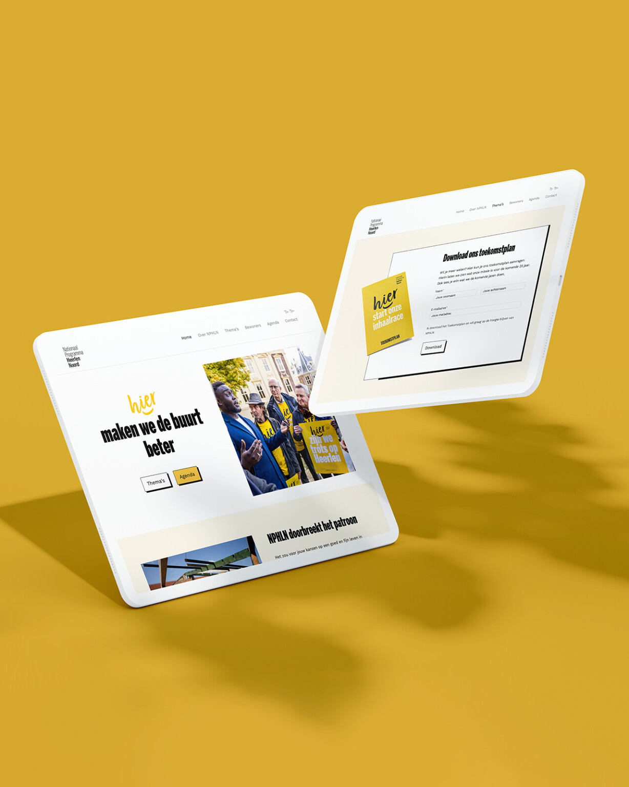 Twee tablets met verschillende schermen van een website met een geel-wit kleurenschema tegen een gele achtergrond, waarop de initiatieven van het Nationaal Programma in Heerlen-Noord worden getoond.