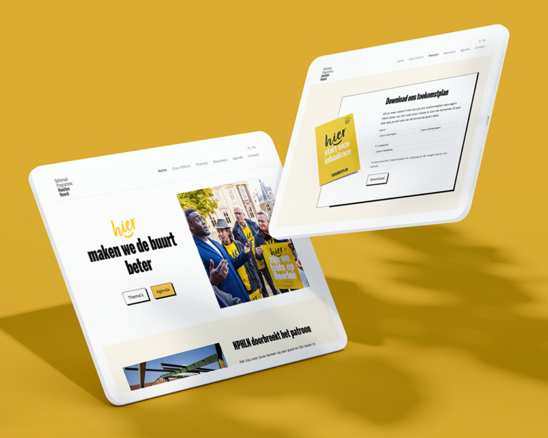 Twee tablets met verschillende schermen van een website met een geel-wit kleurenschema tegen een gele achtergrond, waarop de initiatieven van het Nationaal Programma in Heerlen-Noord worden getoond.