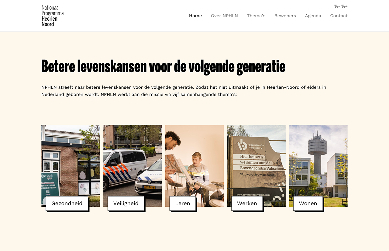 Website voor 'Nationaal Programma Heerlen-Noord' met afbeeldingen en knoppen gewijd aan Gezondheid, Veiligheid, Leren, Werken en Leven.