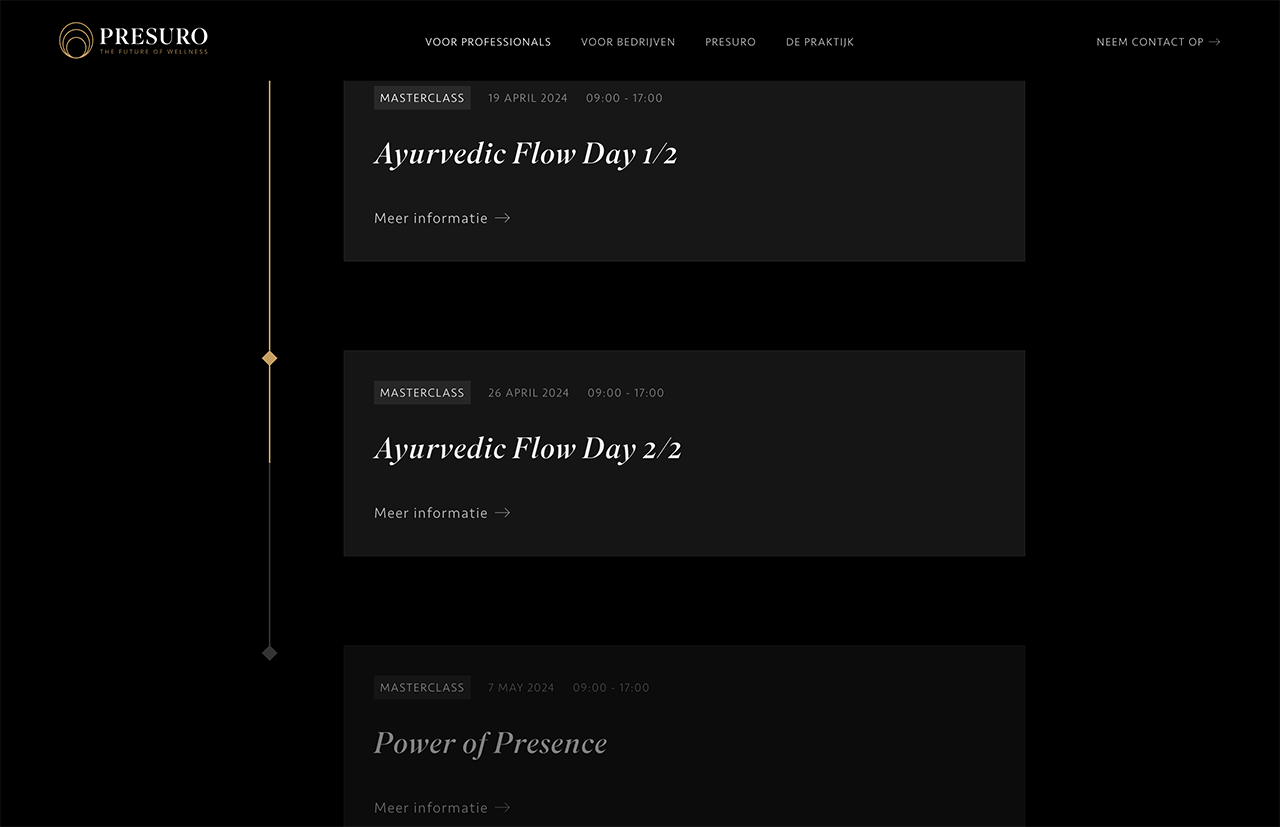 Een webpagina met een donker thema op Presuro toont een schema voor masterclasses, waaronder 'Ayurvedic Flow Day 1/2' en 'Power of Presence'.