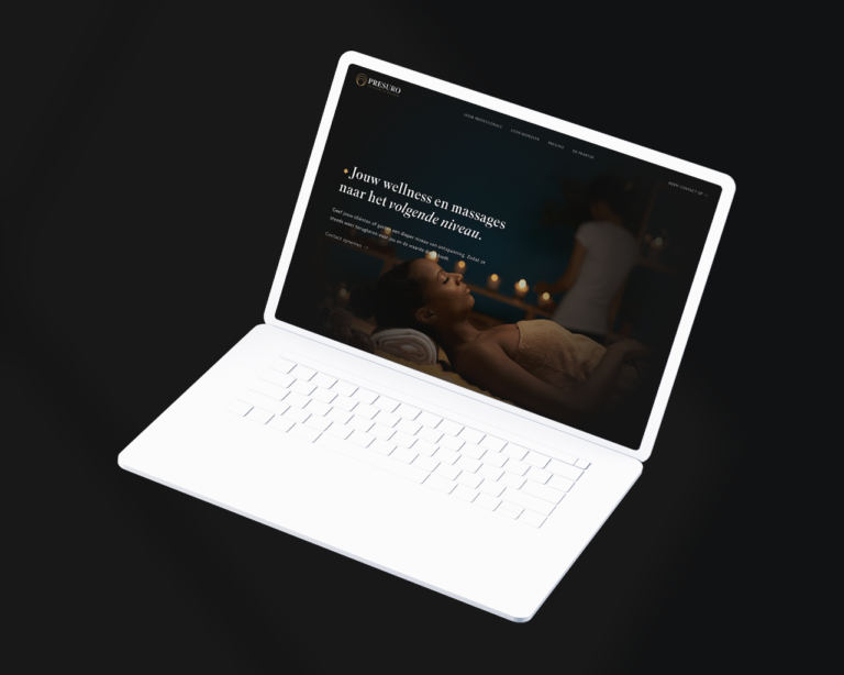 Een witte laptop, die de Presuro wellness-website op het scherm weergeeft, staat tegen een strakke zwarte achtergrond.