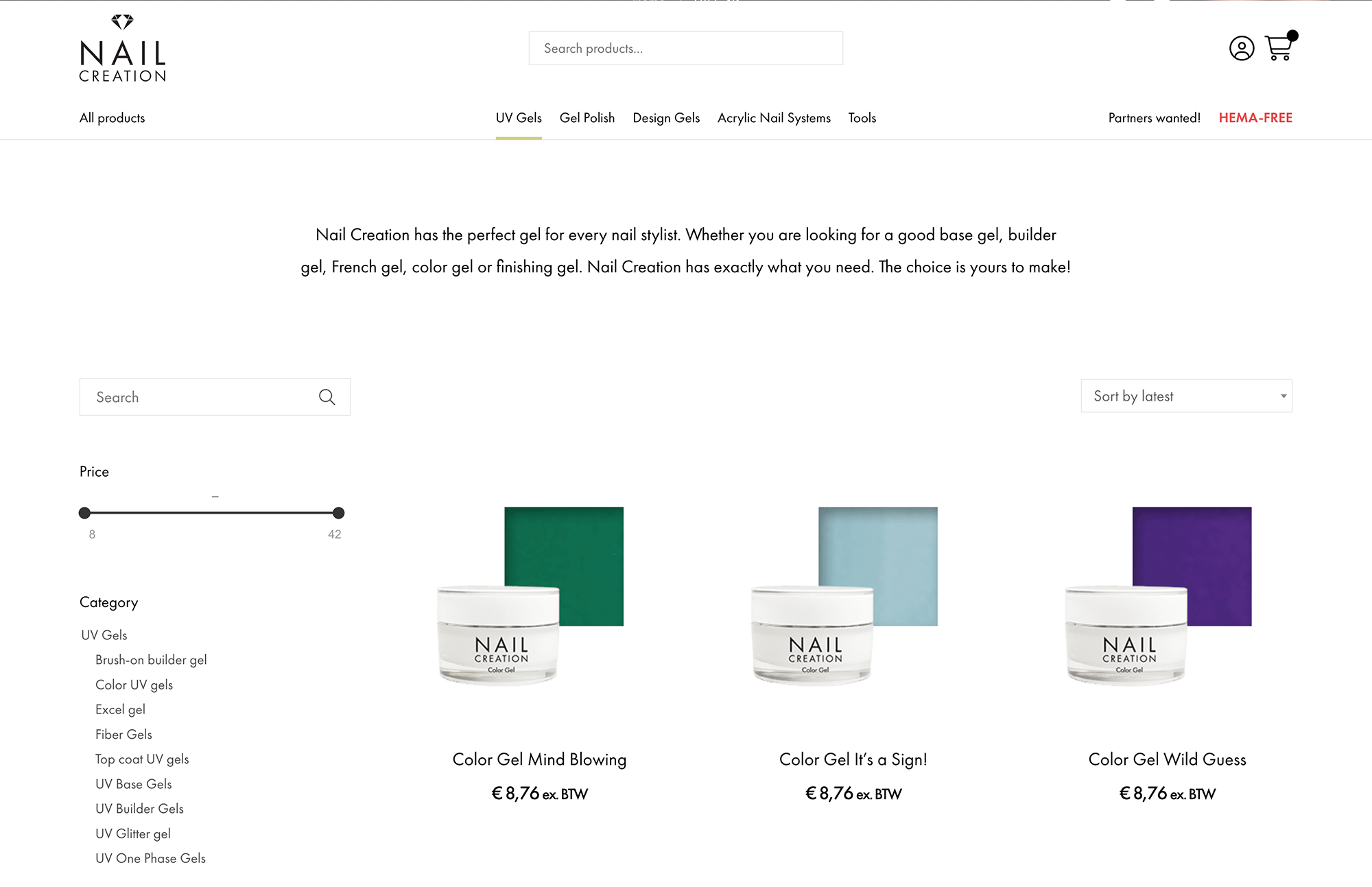 Schermafbeelding van een Creation Nail-webshoppagina met verschillende Color Gels met prijzen, samen met filters voor prijsklasse en categorie.
