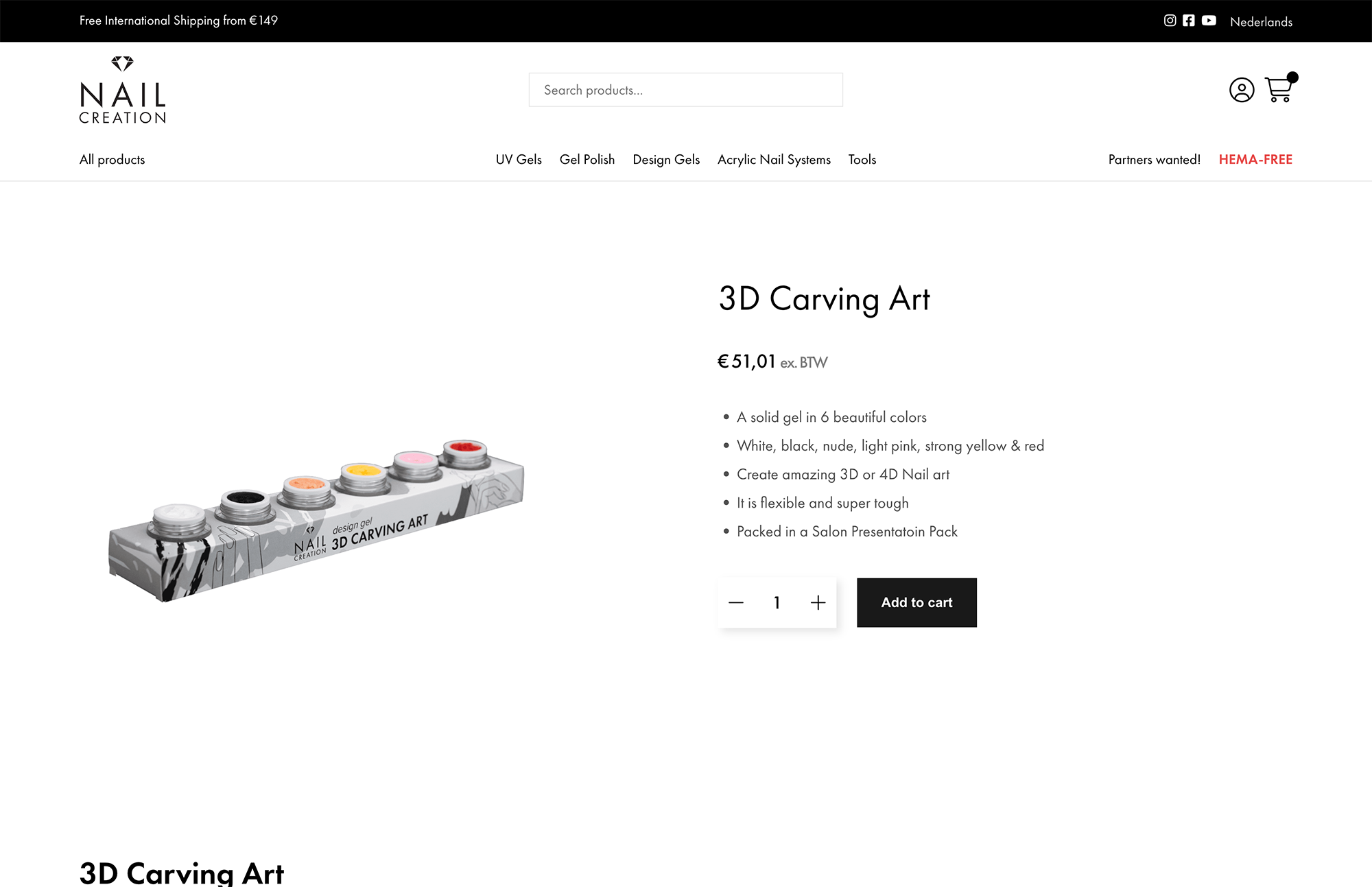 Screenshot van een Nail Creation-website met een 3D Carving Art-set met zes potjes gekleurde gel voor € 51,01.