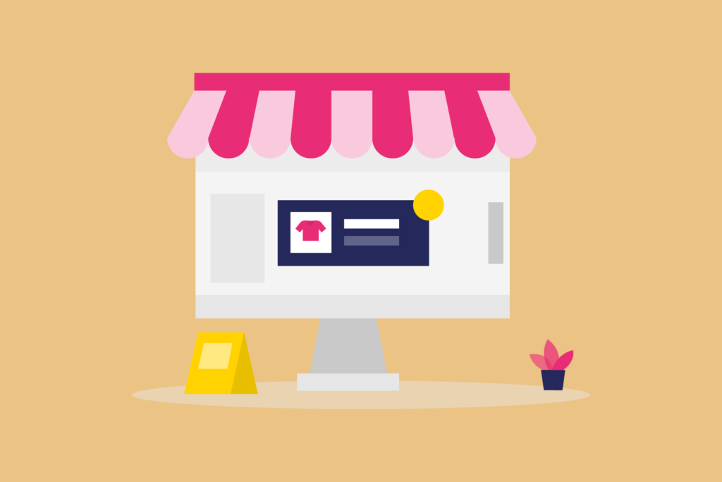 Illustratie van een online winkel op een computerscherm met een roze luifel, naast een kleine potplant en een geel bord, met levendige e-commerce branding.