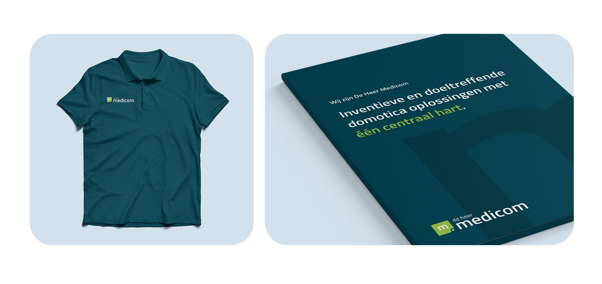 Groen poloshirt met een wit en groen "medicom"-logo, aangevuld met een brochure met de titel "Inventieve en effectieve domotica oplossingen", met dank aan De Heer Medicom.