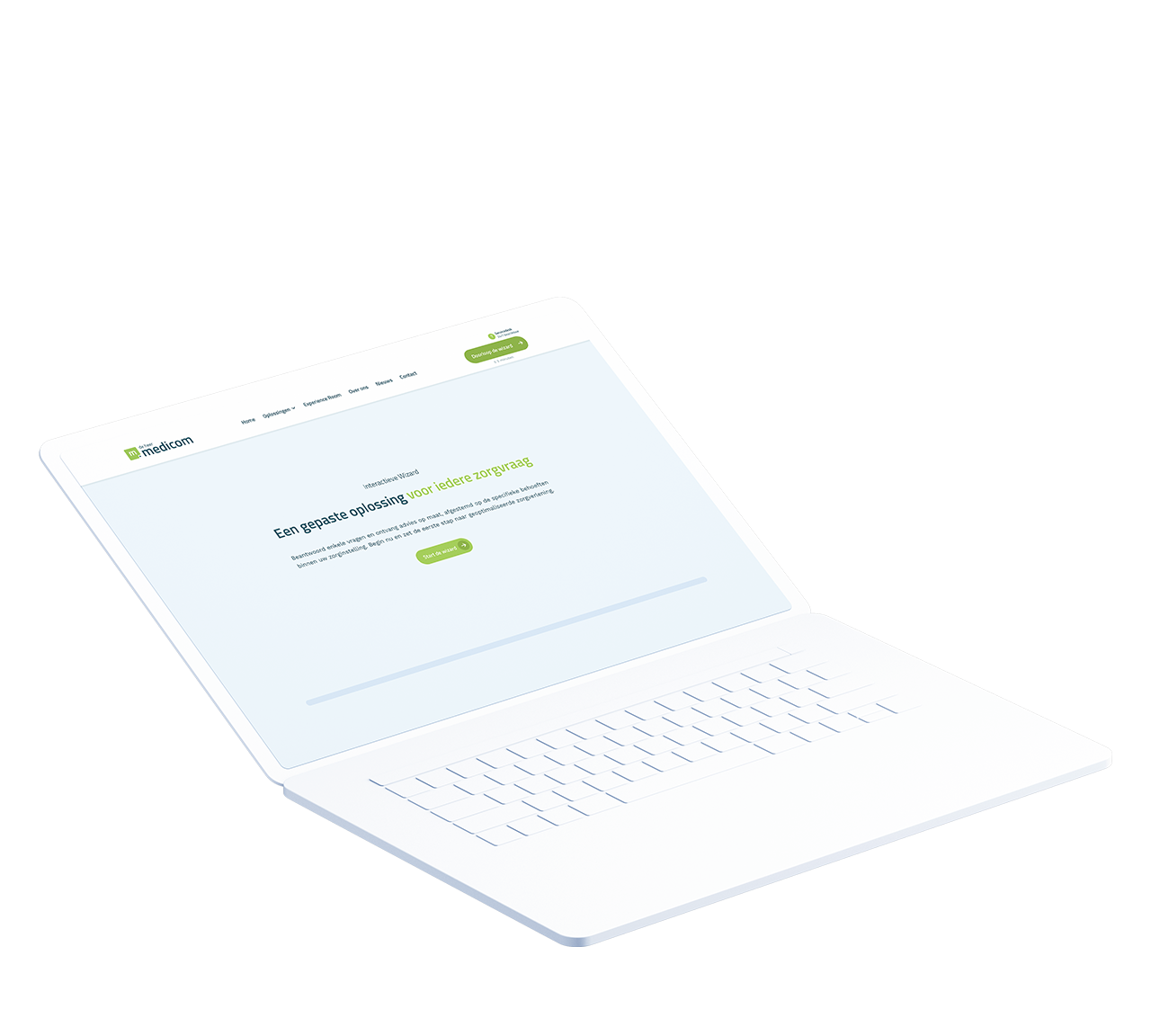 Een witte laptop met daarop de website van De Heer, versierd met groene accenten en tekst.