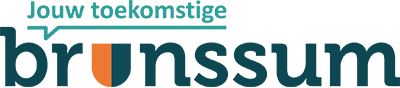 Logo met tekst "Jouw Toekomstige Brunssum" boven "Brunssum", waarbij de "U" gestileerd is met oranje en blauwgroen kleuren.