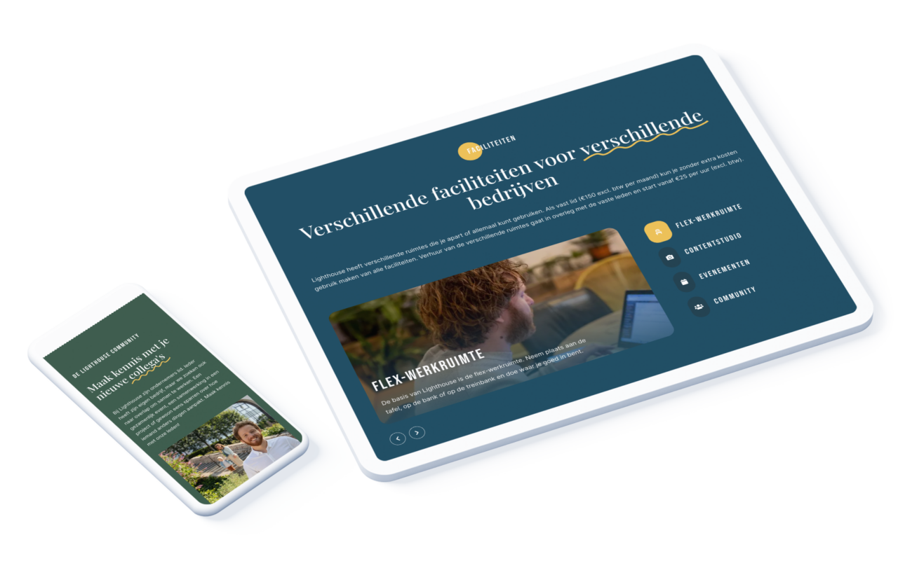 De Nederlandse zakelijke website, met Lighthouse Heerlen, wordt weergegeven op een tablet en smartphone en toont flexibele werkruimteopties en faciliteiten.