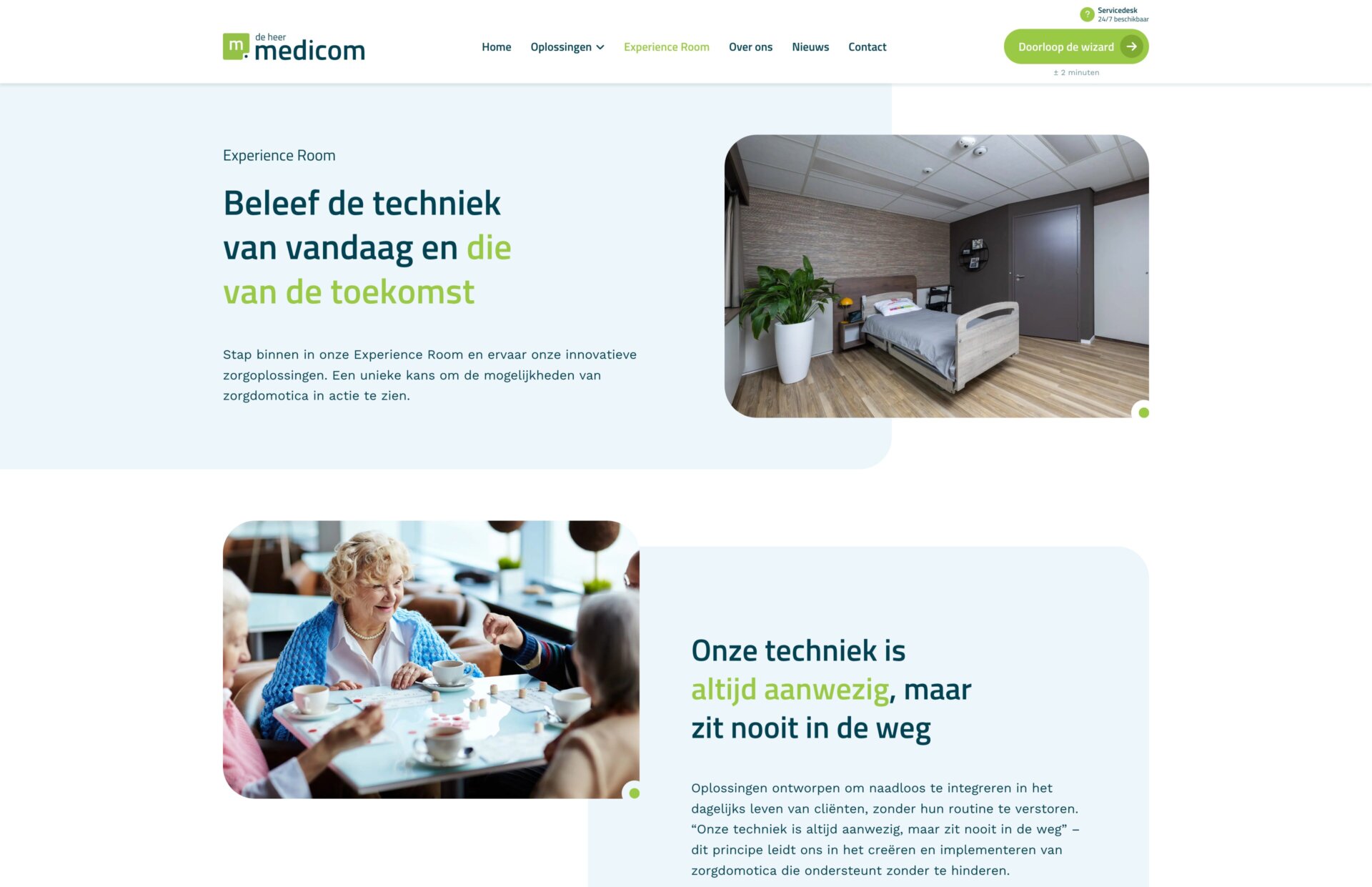 Ontdek moderne medische technologie op een webpagina met afbeeldingen van een patiëntenkamer en senioren die deelnemen aan een groepsactiviteit. Ervaar de innovatie en zorg die De Heer Medicom in de gezondheidszorg brengt, waardoor de kwaliteit van leven voor alle patiënten wordt verbeterd.