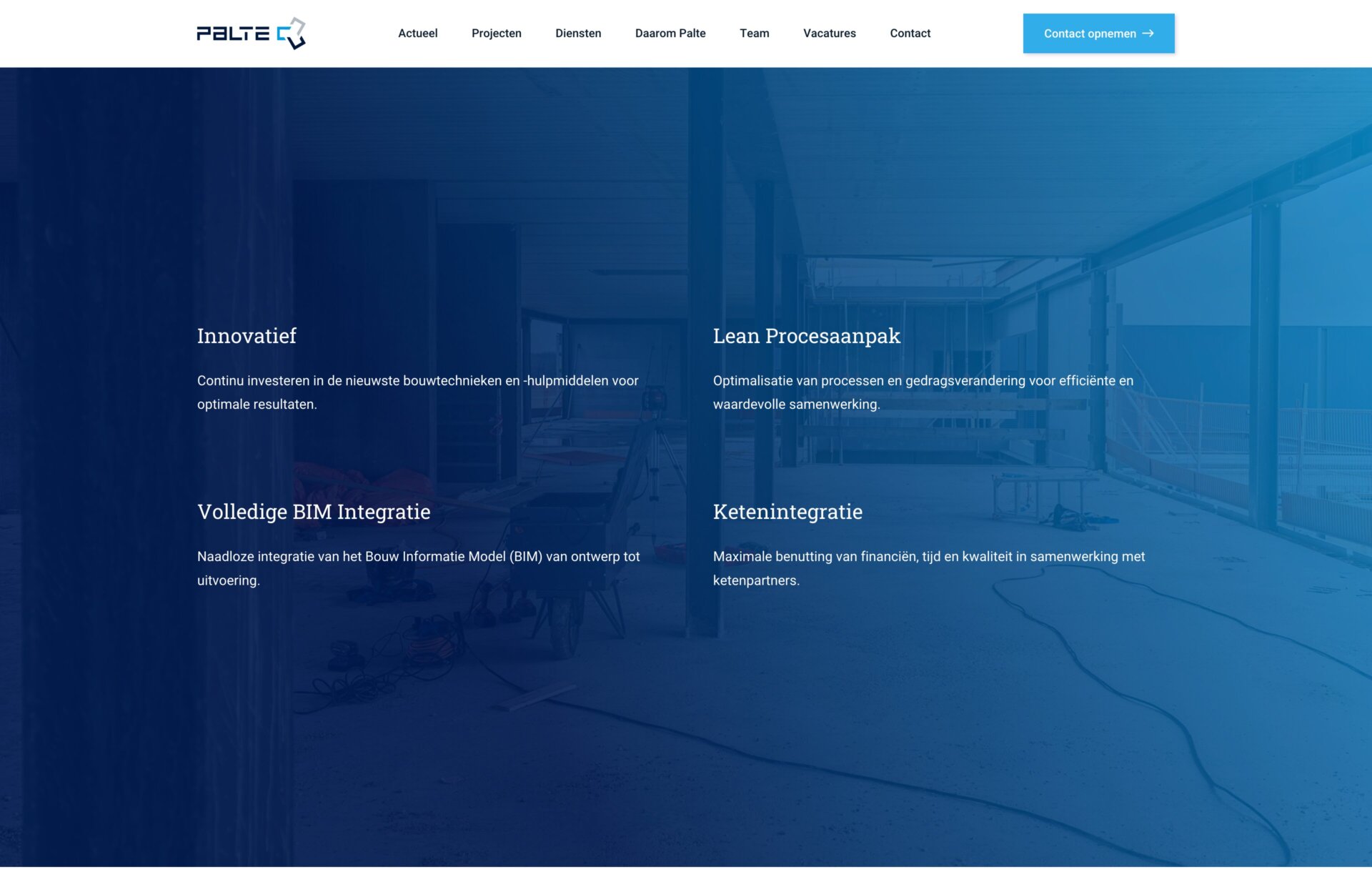 Op de website van Palte B.V. wordt aandacht besteed aan innovatie, een gestroomlijnde procesaanpak, volledige BIM-integratie en de voordelen van ketenintegratie. Palte B.V., gevestigd in Nederland, breidt zijn expertise uit naar de internationale handel en zorgt voor geavanceerde oplossingen over de grenzen heen.