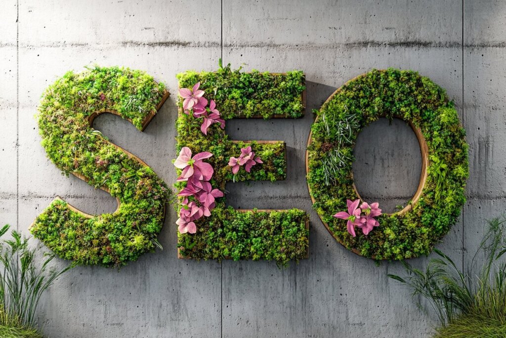 "SEO" gespeld in groen blad met roze bloemen, tegen een betonnen muur, symboliseert de inspanningen om on-page SEO-technieken voortdurend te verbeteren.