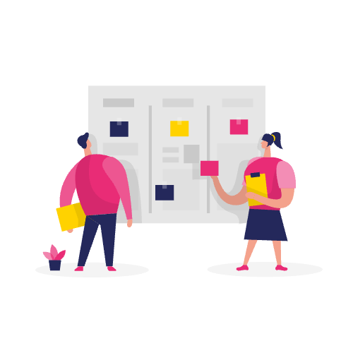 Twee mensen organiseren sticky notes op een bord, wat staat voor teamwork, projectplanning en het opbouwen van vertrouwenssignalen voor een website.