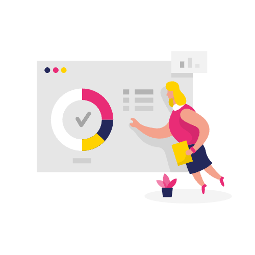 Illustratie van een vrouw die wijst naar een groot taartdiagram op een scherm, papieren vasthoudt en een plantje in de buurt heeft - perfect om marketingstrategieën en inzichten in first-party gegevens te laten zien.