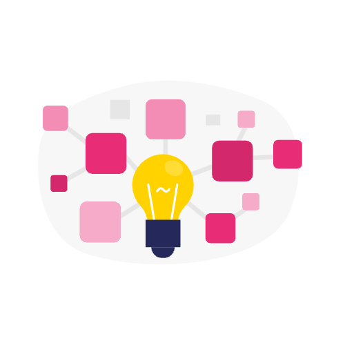 Illustratie van een brandende gloeilamp omringd door roze vierkantjes, symbool voor ideeën, innovatie en hoe faq schema seo kan helpen de zichtbaarheid te vergroten.