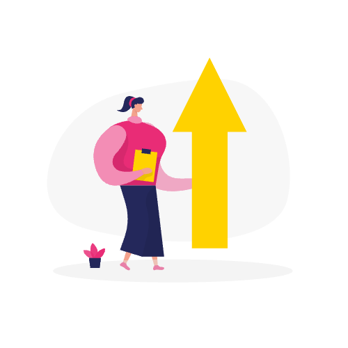 Illustratie van een vrouw die een klembord vasthoudt naast een grote opwaartse gele pijl en een kleine potplant, symbool voor groei met faq schema seo strategieën.