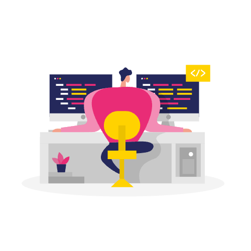 Illustratie van een persoon die codeert aan een bureau met twee monitoren waarop kleurrijke coderegels worden weergegeven, waarmee het belang van faq schema seo bij het optimaliseren van website-inhoud wordt benadrukt.