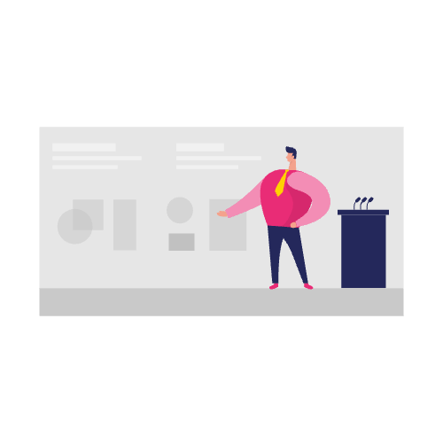Illustratie van een persoon die een presentatie geeft naast een podium, wijzend naar grafieken op een scherm om de inhoud van use cases te benadrukken.