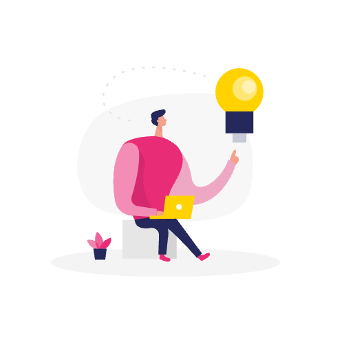 Illustratie van een persoon met een laptop die naar een gloeiende gloeilamp wijst, als symbool voor een idee of inspiratie voor use case-inhoud.