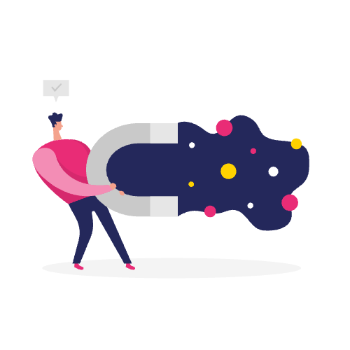 Illustratie van een persoon die een grote magneet vasthoudt die kleurrijke abstracte vormen en stippen aantrekt, als symbool voor de aantrekkingskracht van first-party datamarketing.