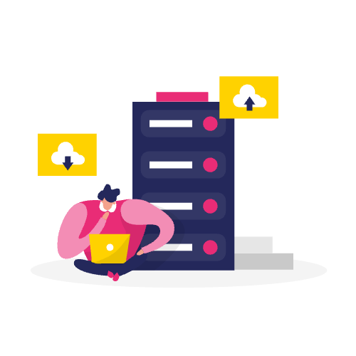 Illustratie van een persoon met een laptop die bij servers zit, met cloud upload- en downloadpictogrammen in de buurt, die inspanningen voorstellen om laadtijd website te verbeteren.