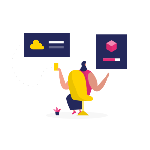 Illustratie van een persoon aan een bureau die grafieken van wolken en kubusgegevens bekijkt op zwevende schermen en manieren onderzoekt om zoekfunctie website te verbeteren voor meer inzicht in gegevens.