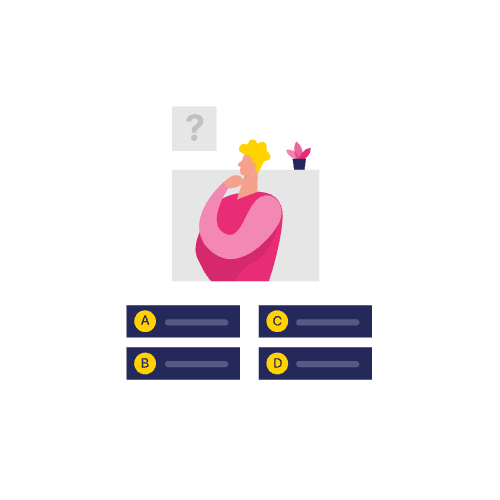 Illustratie van een persoon die nadenkt boven meerkeuzeopties met het label A, B, C en D, om het concept van faq schema seo voor betere zichtbaarheid in zoekmachines te benadrukken.