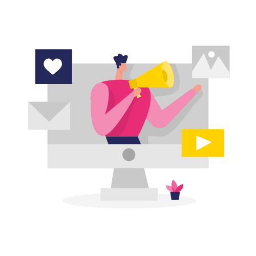 Illustratie van een persoon met een megafoon die uit een computermonitor komt, omringd door mediapictogrammen, om het concept van SEO voor AI-chatbots te benadrukken.