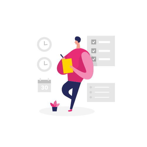 Illustratie van een persoon die een klembord vasthoudt, met klokken, een checklist en een kalender op de achtergrond om te benadrukken hoe je je inp kunt optimaliseren.