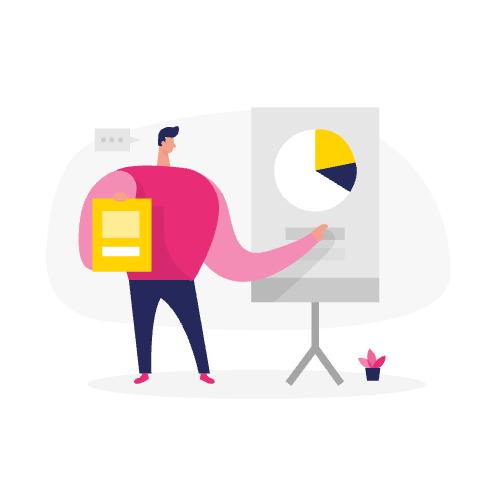 Illustratie van een persoon die een presentatie geeft met een taartdiagram op een bord en een klembord in de hand, perfect voor het uitleggen van evergreen voorbeelden in zakelijke vergaderingen.