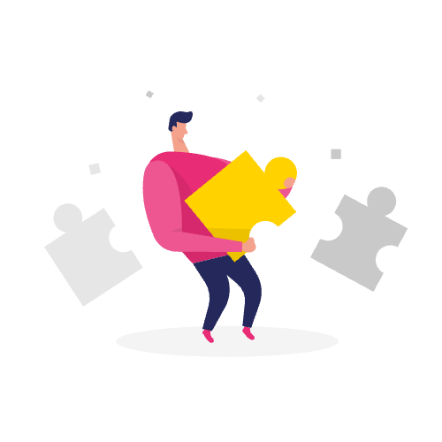 Illustratie van een persoon die een groot geel puzzelstuk vasthoudt, met grijze puzzelstukken op de achtergrond - perfect voor het visualiseren van merkarchitectuur uitleg.
