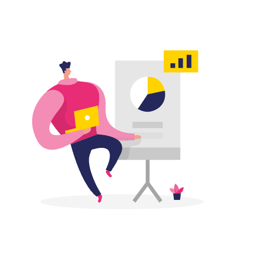 Illustratie van een persoon met een laptop die grafieken en diagrammen presenteert op een flip-over, naast een kleine plant-ideale visual voor onderwerpen als het maken van pagina's of inhoudsstrategie.