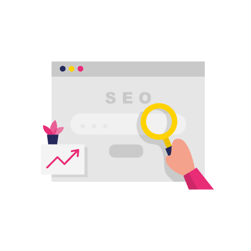 Illustratie van een hand die een vergrootglas boven een browservenster met "SEO" en een groeigrafiek houdt, als symbool voor hoe je de zoekfunctie website kunt verbeteren voor betere online prestaties.