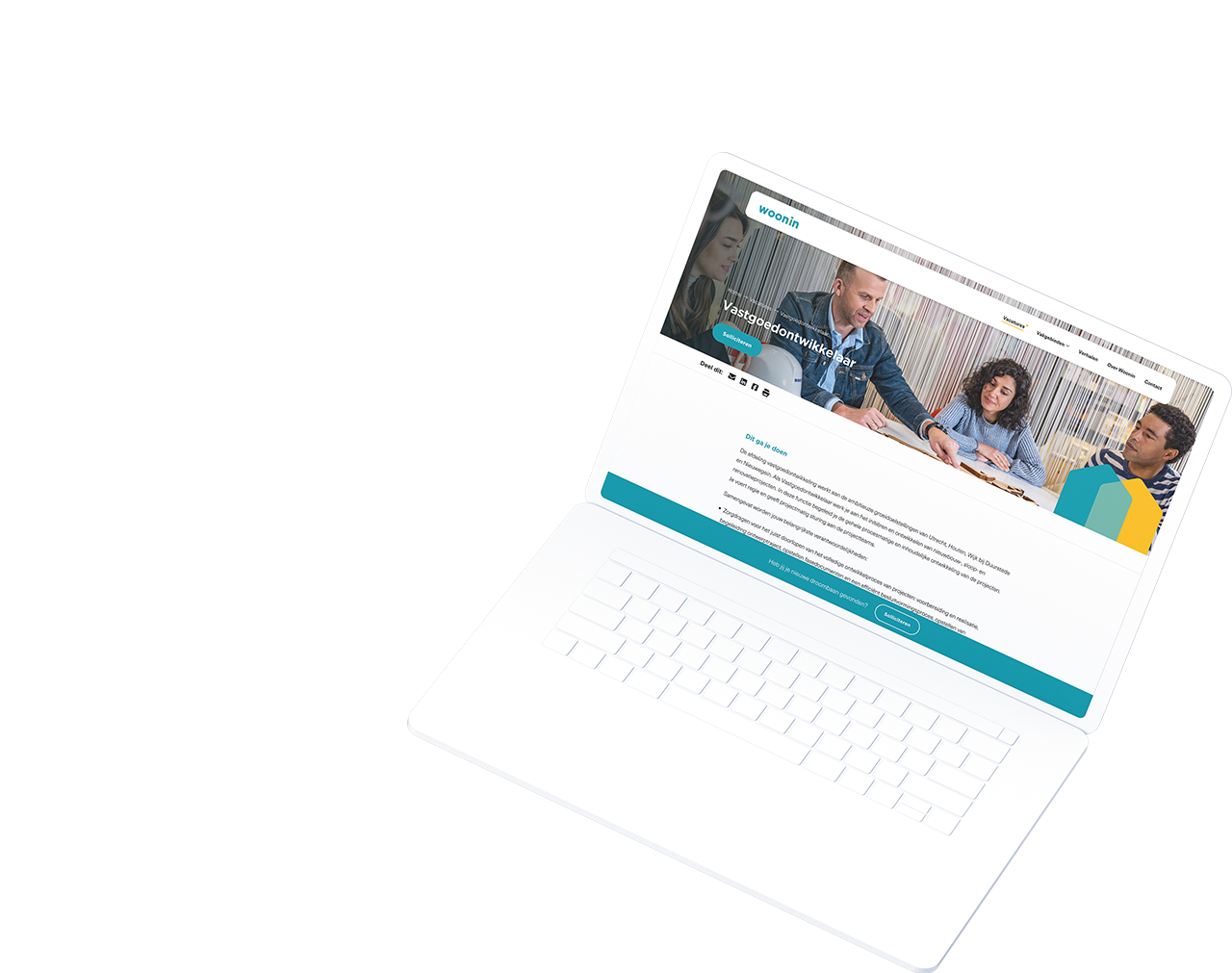 Een witte laptop met een website met mensen die een vergadering hebben in de headerafbeelding, met inhoud over Werken bij Woonin.