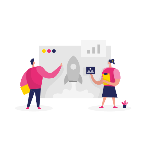 Twee mensen bespreken een afbeelding van een raketlancering op een scherm - symbool voor laadtijd website verbeteren - terwijl ze mappen en een tablet vasthouden, met een klein plantje in de buurt.